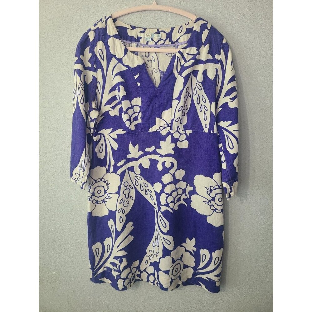 Boden Dress 100% Linen Tunic 3/4 Sleeve Short Purple/White Floral Print Size 8R